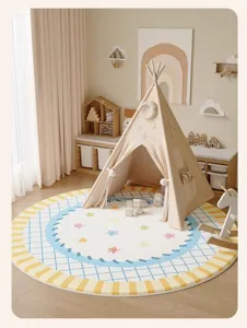 Alfombra redonda infantil franela suave habitacion ninos rejilla azul borde amarillo detalle
