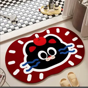 Vue détaillée de tapis de bain chat noir dessin animé, tapis de sol absorbant antidérapant.