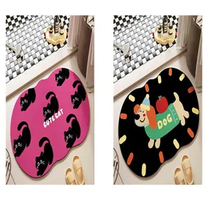 Tapis de bain en terre de diatomee absorbant, motif de chat et chien mignon, antiderapant.