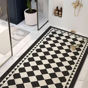 Wabi-sabi style bathroom floor mat with black and white diamond pattern, non-slip shower mat