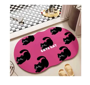 Tapis de bain en diatomite absorbant séchage rapide antidérapant chat noir mignon pour sol