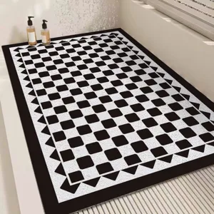 Detailed view of the modern minimalist black and white checkered anti-slip bathroom mat.