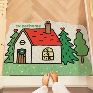 Cute cartoon house doormat with non-slip PVC loop pile design for home entryway and hallway floor.