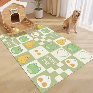 Cartoon pet mat detail view showing cute green checkered pattern and waterproof PVC material.