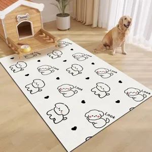 Cartoon PVC pet mat detail showing cute dog patterns, waterproof, wipe-clean and anti-slip.
