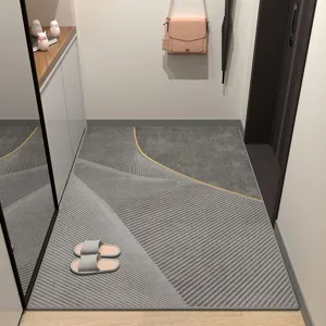 Tapis de porte géométrique moderne gris antidérapant pour entrée de maison et cuisine.