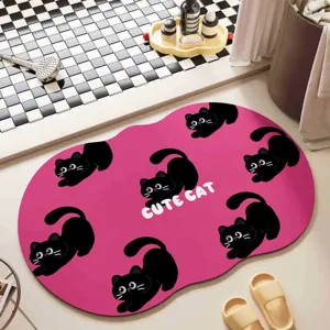 Tapis de bain rose en terre de diatomée avec motif chat mignon et fond antidérapant salle de bains.