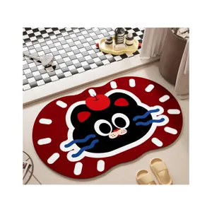 Tapis de bain en terre de diatomées, chat noir mignon tapis de sol absorbant pour salle de bain.