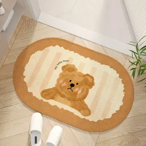 Cute cartoon bear bath mat, absorbent non-slip oval floor rug for bathroom or toilet entrance.