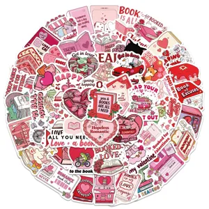 Detailed view of waterproof pink bookish stickers set, perfect for decorating laptops and luggage.