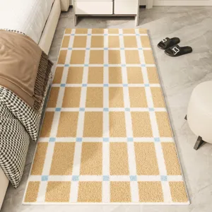 Cashmere-like checkered bedroom rug dopamine yellow stripe carpet for cozy home decoration