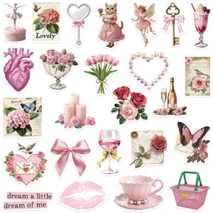 Cute pink aesthetic stickers set, waterproof vinyl decal for laptop, water bottle, journal.