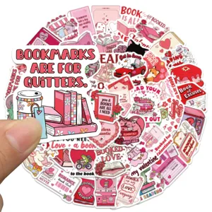 Valentine bookish waterproof sticker pack detail view showcasing pink aesthetic reading decal designs.