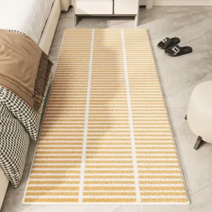 Modern dopamine yellow white striped faux cashmere bedroom rug, cozy soft home decor carpet.