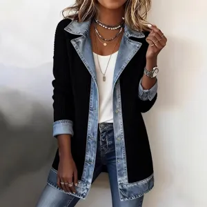 Women Fashion Elegant Casual Long Sleeve Lapel Spliced Jacket Single-Breasted Pocket Cotton Blend Outerwear Coat