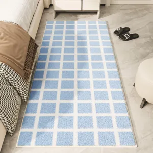 Blue and white checkered plush rug detail, soft cashmere-like material for home bedroom decor.