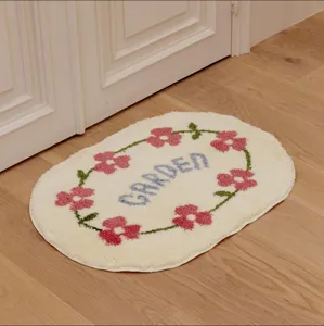 Tappeto da bagno ovale trapuntato con fiori rosa accogliente antiscivolo per camera da letto