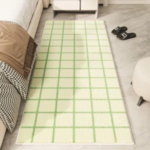 Soft cashmere-like green grid bedroom carpet, aesthetic dopamine style non-slip floor rug.