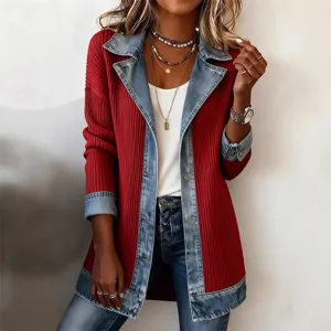 Women fashion casual long sleeve denim patchwork knit cardigan jacket autumn outerwear
