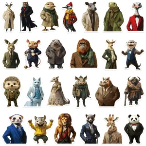 Detailed view of stylish anthropomorphic animal portrait stickers for creative luggage decor.