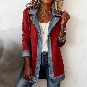 Women fashion casual long sleeve patchwork denim knit cardigan jacket outerwear spring autumn
