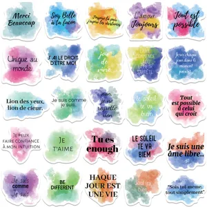French English motivational watercolor stickers set for luggage laptop phone decor.