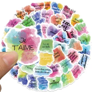 Waterproof French motivational quote watercolor stickers set for luggage laptop phone decor.