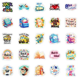Detail view of colorful back to school waterproof decorative stickers set with cute designs.