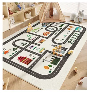Kids play mat with city road and building design, soft texture for child room decor.