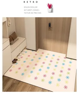 PVC entryway floor mat with colorful geometric print, anti-slip and easy to clean for home.