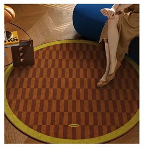Alfombra redonda vintage de cuadros para sala con borde verde, terciopelo cristal antideslizante.