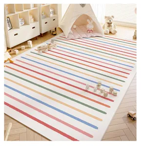 Colorful striped living room carpet, soft crystal velvet floor mat for kids baby play room.