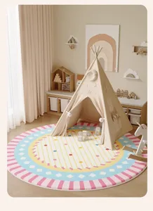 Alfombra redonda acogedora para habitación infantil con rayas y puntos coloridos, alfombra suave.