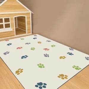 Cute cartoon pet floor mat waterproof wipeable non-slip living room area rug with colorful paw prints