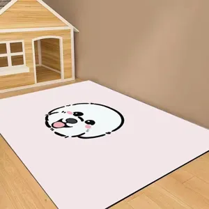 Cute cartoon dog pattern pink floor mat detail scene, soft home living room floor decor.
