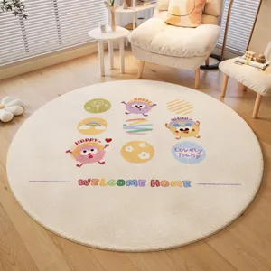 Round cute cartoon rug for living room, soft cozy fluffy floor mat with welcome home text.