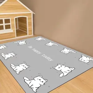 Grey cartoon cat pattern floor mat detail, non-slip washable home carpet for living room.