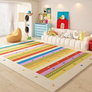 Colorful rainbow striped living room rug, soft crystal velvet, non-slip floor mat for home.