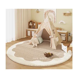 Cozy round kids room rug with cute cloud edge design, soft plush imitation cashmere.