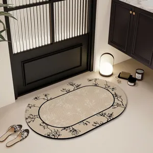 Ovale absorberende badmat met elegante zwarte bloemenrand, antislip diatomiet vloermat.