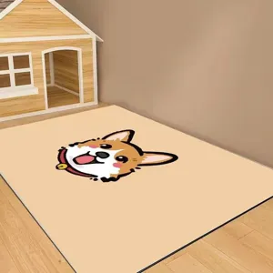Cute cartoon corgi rug detail shot, soft floor mat texture and lovely pet pattern display.