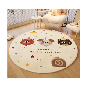 Cute cartoon round living room rug, soft faux cashmere floor mat for sofa and coffee table decor.