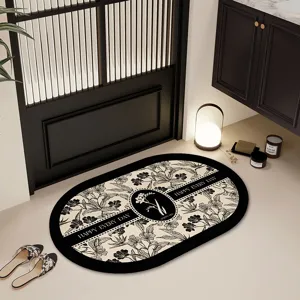 Elegante zwart-witte bloemen vloermat, antislip absorberende badmat voor dagelijks gebruik.