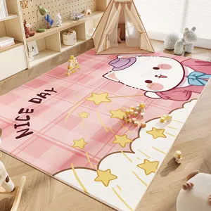 Cute pink cartoon cat print non-slip crystal velvet living room children's room floor rug