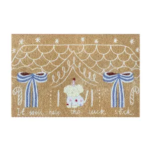 Cute coir doormat featuring bow house print, non-slip entrance floor mat for home decor detail view.