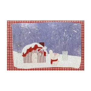 Cute winter snow house cartoon doormat detail, non-slip loop pile entrance rug for home decor.