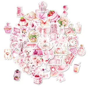 50pcs cute pink cartoon aesthetic stickers pack, sweet bow cake floral waterproof decals.
