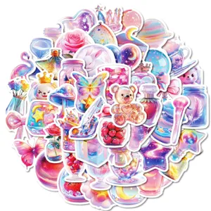 Cute pink aesthetic glass bottle stickers detail view, waterproof decorative decal pack.