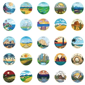 Detailed close-up view of vintage US state landscape stickers, ideal for outdoor decor.