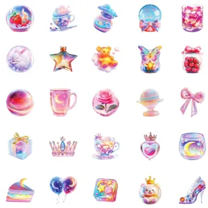 Cute pink glass bottle and aesthetic holographic graffiti stickers for phone or laptop.